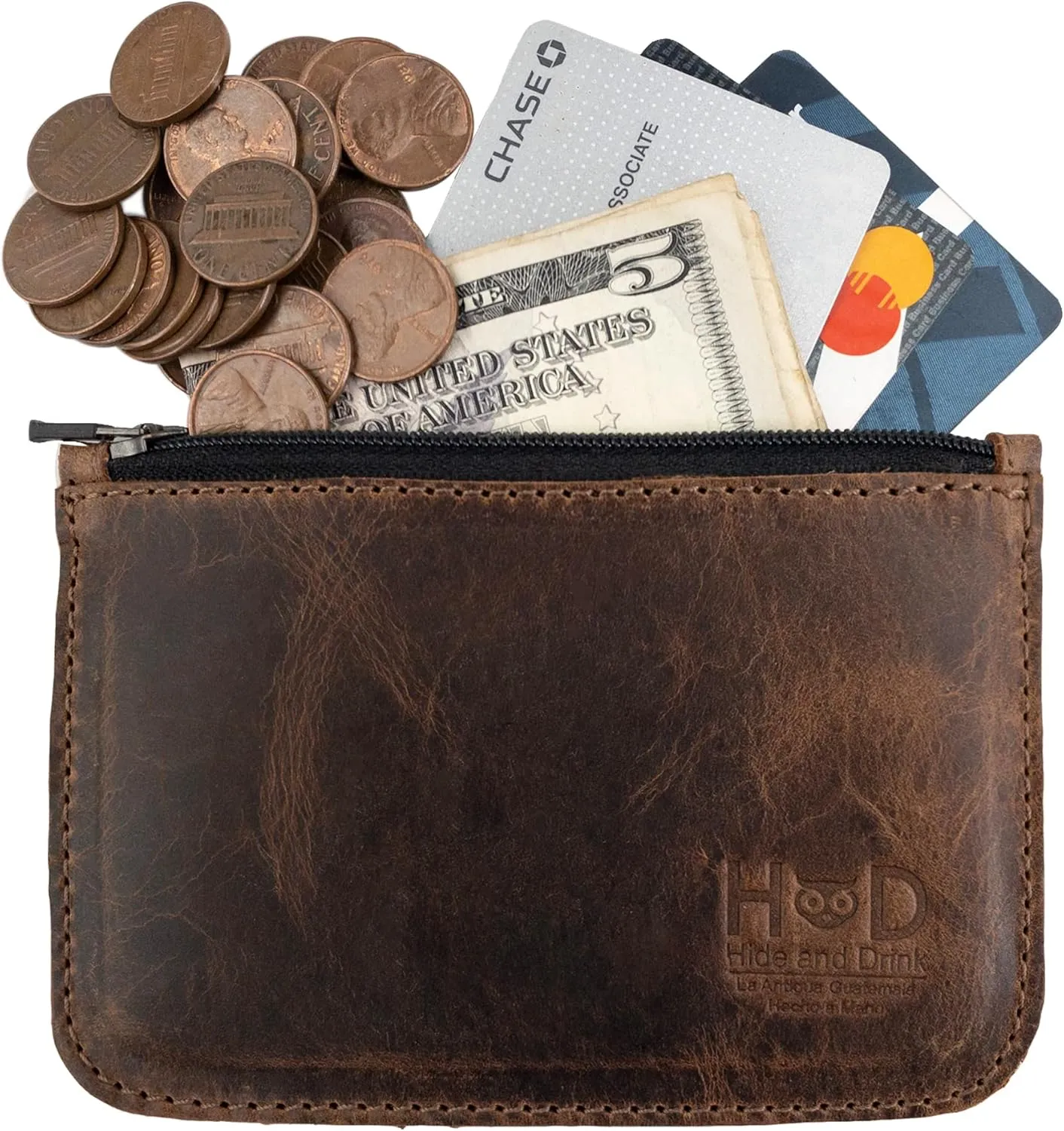 Hide & Drink, Zippered Wallet, Card Case, Folded Bills Storage, Coin Organizer, Travel Accessories, Full Grain Leather, Handmade, Bourbon Brown