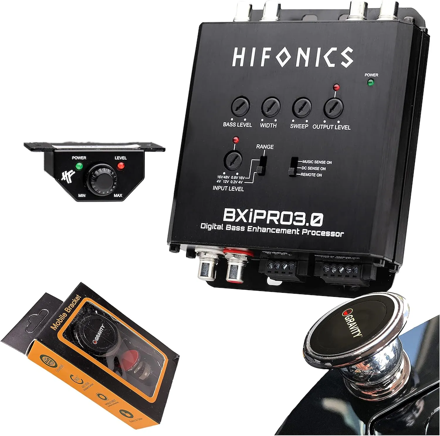 Hifonics BXiPro3.0 Digital Bass Processor   HFEQ 4-Band Source Signal Processor, PFM Subsonic Filter, Parametric Bass Equalization with Gravity Magnet Phone Holder Bundle