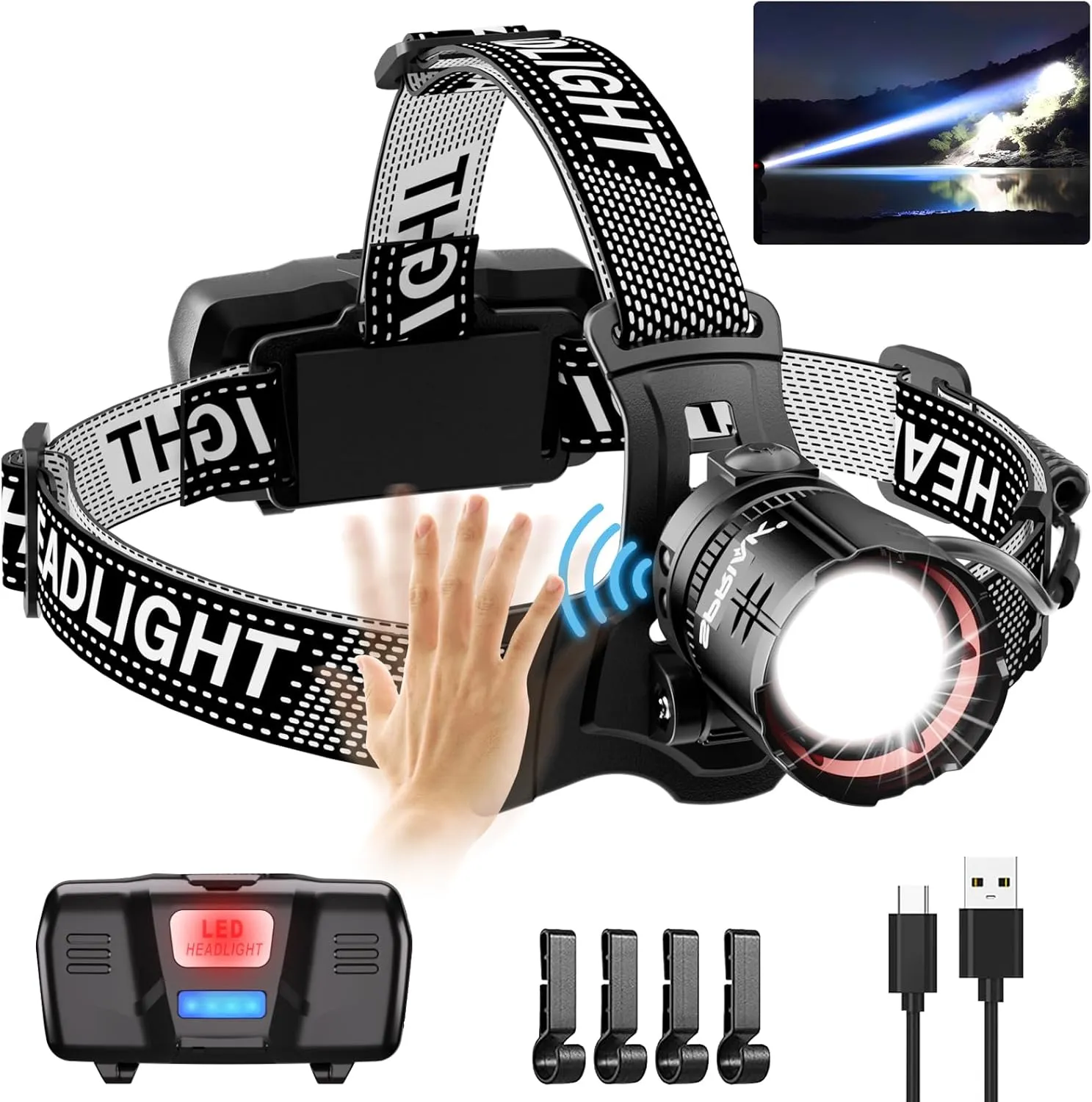 High Lumens LED Headlamp& 100H Using Time, USB Rechargeable Head lamp, 90° Adjustable Widebeam Motion Sensor Head Light with 5 Modes,Zoomable for Camping Running Hiking, Hard Hat Headlamps 1pc