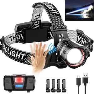 High Lumens LED Headlamp& 100H Using Time, USB Rechargeable Head lamp, 90° Adjustable Widebeam Motion Sensor Head Light with 5 Modes,Zoomable for Camping Running Hiking, Hard Hat Headlamps 1pc