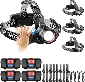 High Lumens LED Headlamp& 100H Using Time, USB Rechargeable Head lamp, 90° Adjustable Widebeam Motion Sensor Head Light with 5 Modes,Zoomable for Camping Running Hiking,Hard Hat Headlamps 4pc