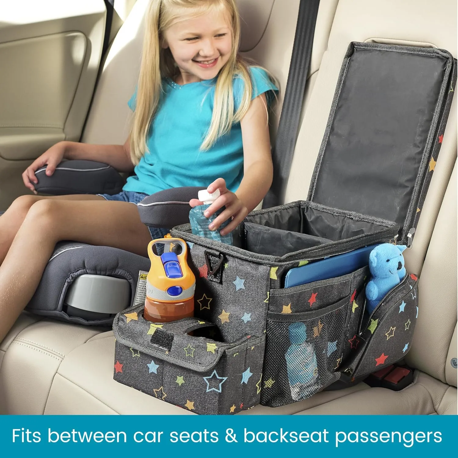 High Road CarHop Car Organizer for Kids - Car Backseat Organizer or Passenger Seat Organizer with Cup Holder Tray and Cooler Compartment (Starry Night, 8" Wx16 L)