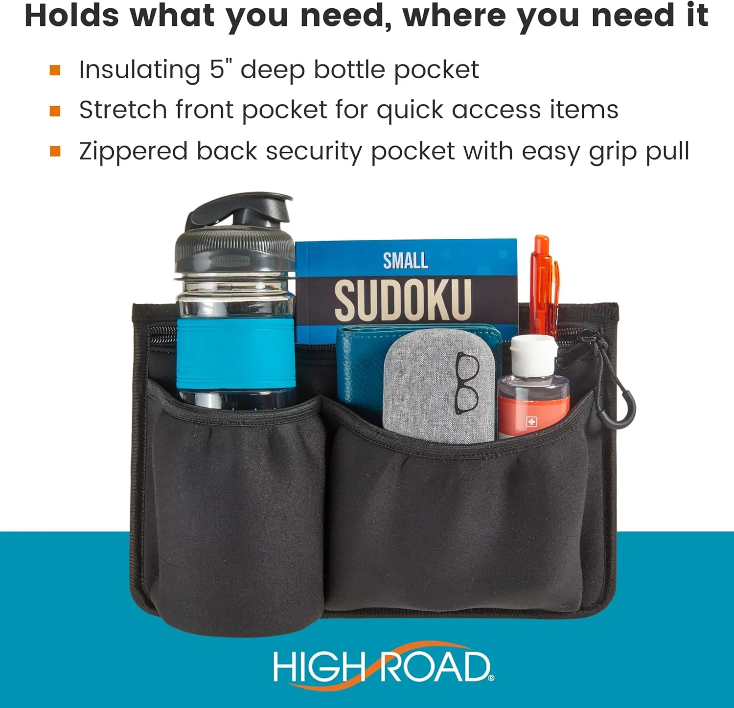 High Road Wheelchair Side Bag - Stretch Neoprene Walker Pouch with Insulating Cup Holder and 2 Storage Pockets