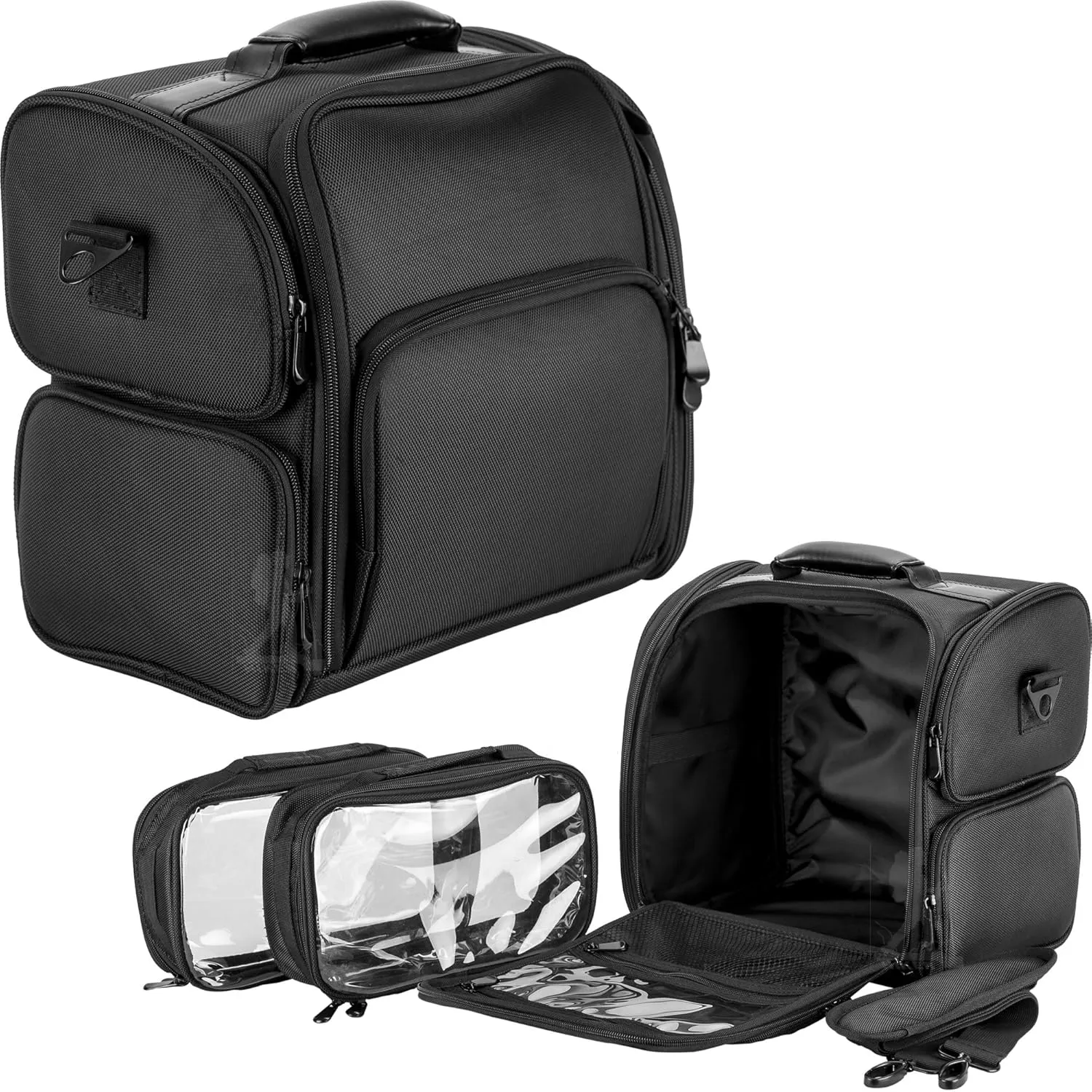 Hiker HK3603 Soft Sided Professional Travel Makeup Craft Storage Organizer Case with Removable Clear Bags, Black