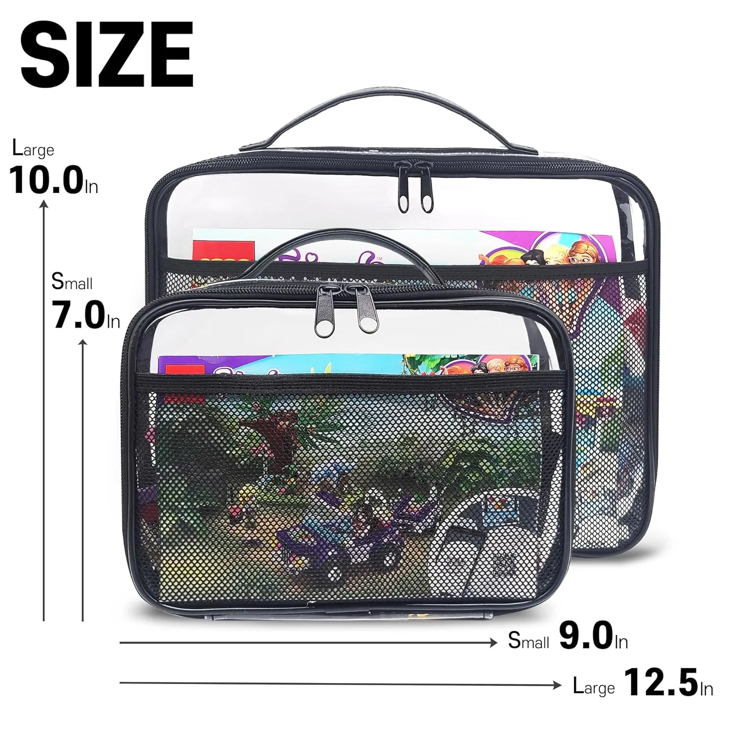 holay 4 Packs PVC Zippered Blocks Set, Toy, Clay, Board game Storage Organizer Case (Name Tag, Manual Pocket) (Black, Small, Large)