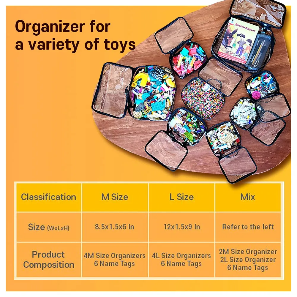 holay 4 Packs PVC Zippered Blocks Set, Toy, Clay, Board game Storage Organizer Case (Name Tag, Manual Pocket) (Black, Small, Large)