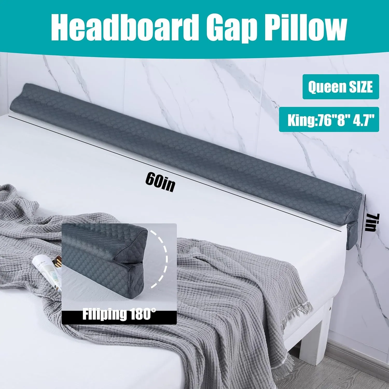 HOMBYS Bed Wedge Pillow for Headboard,Foldable Bed Mattress Gap Filler Queen Size,Pillow Wedge for Headboard Gap, High Density Foam Bed Crack Pillow,Multifunctional Bed Spacer Filler from Wall,Grey