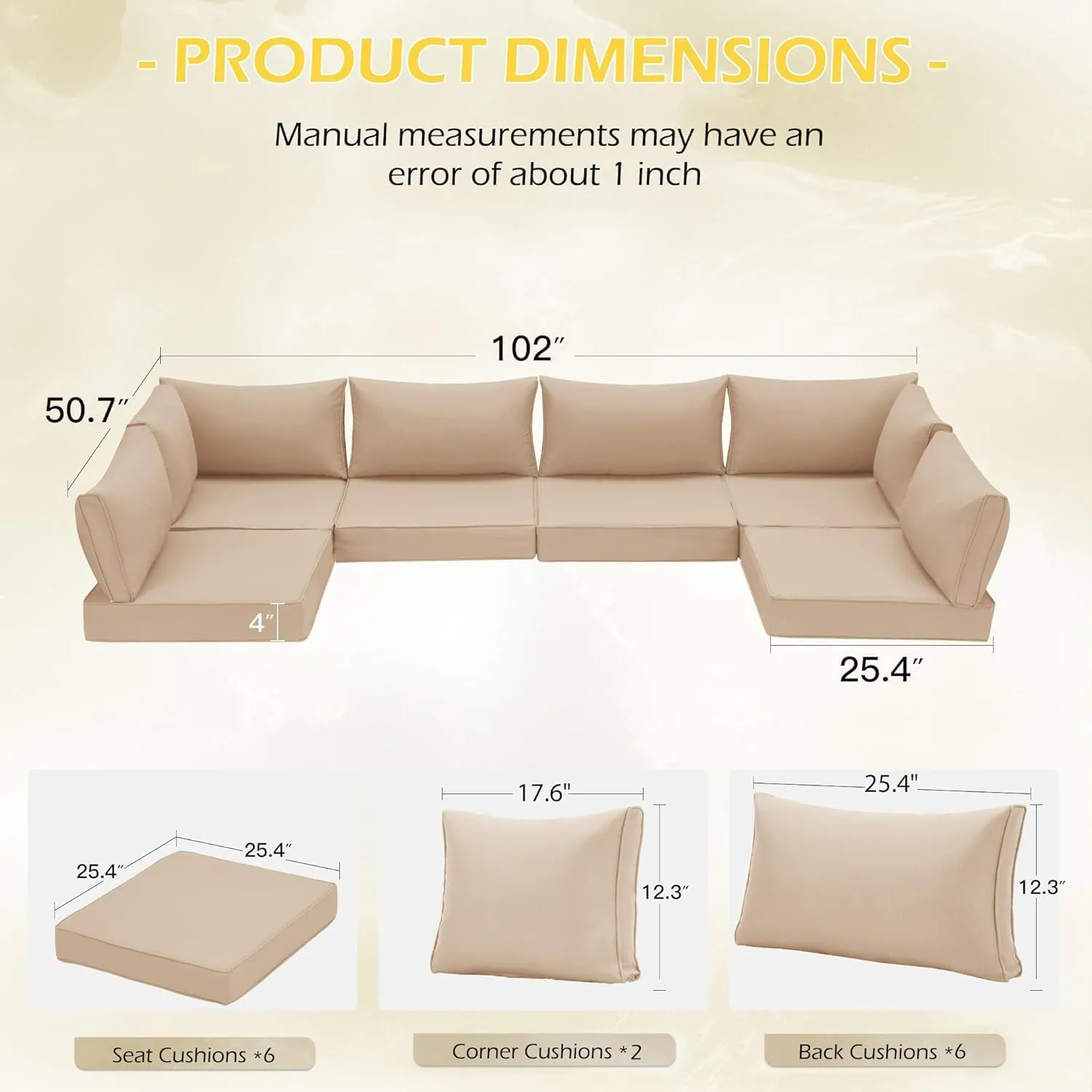 HOMREST Cushions for Outdoor Furniture,Replacement Cushion Pillow,Water-Repellent Sofa Cushion for 6-Seat Rattan Wicker Sectional Patio Conversation Sets,14-Piece Cushions Set for Outdoor Couch