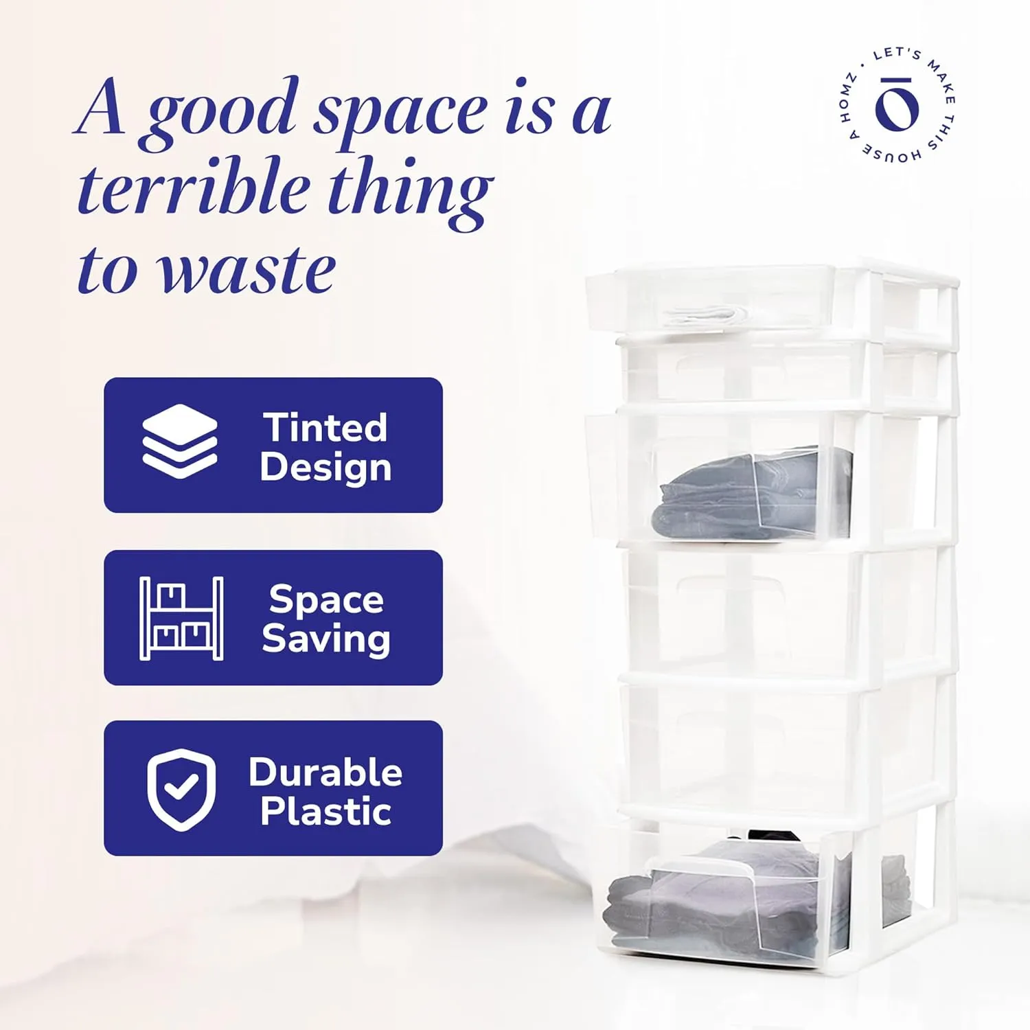 HOMZ Drawer Tower, 6-Tier Clear Plastic Storage Organizer Cart, White Frame - Heavy-Duty Organizing Drawers for Home, Bedroom, and Closet Organization
