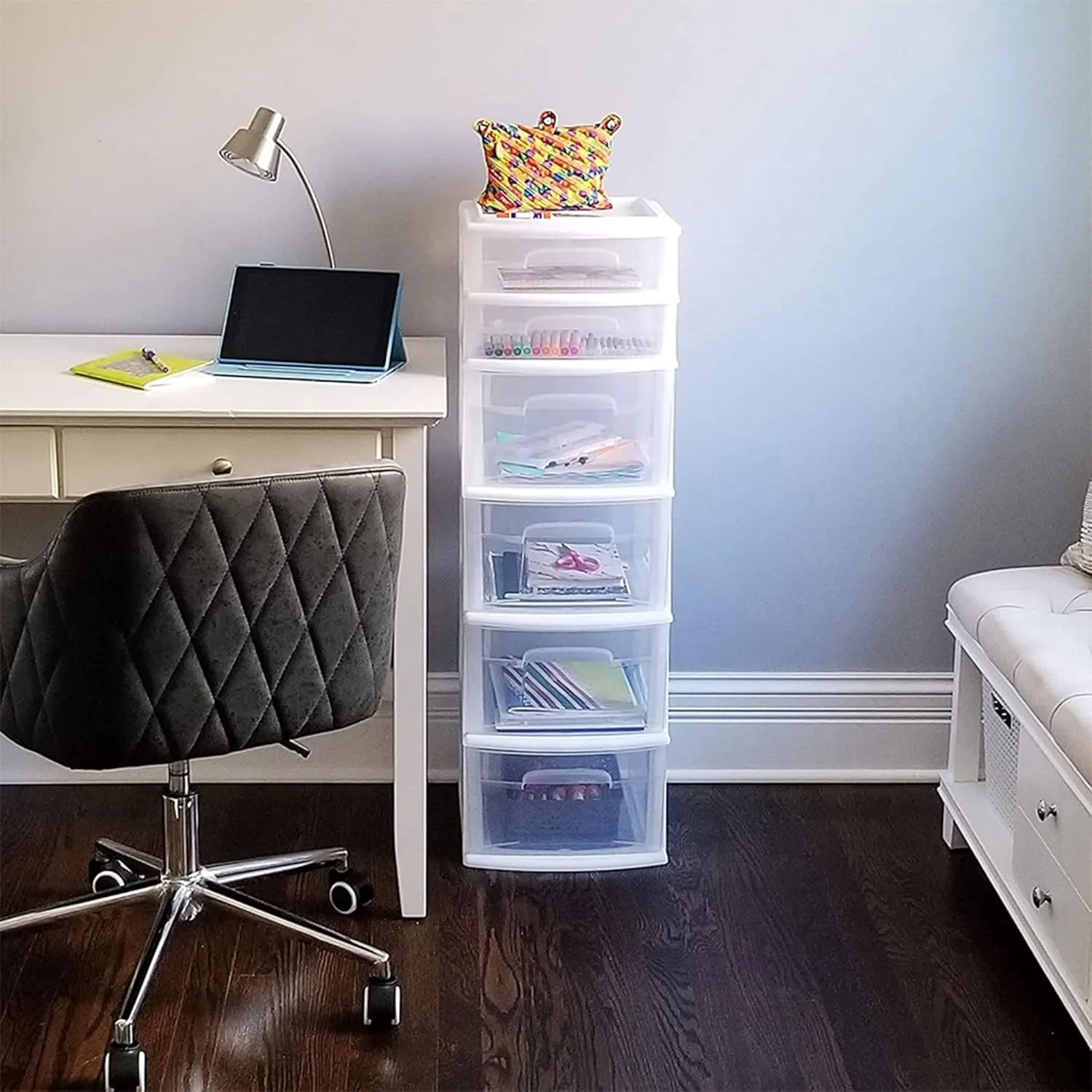 HOMZ Drawer Tower, 6-Tier Clear Plastic Storage Organizer Cart, White Frame - Heavy-Duty Organizing Drawers for Home, Bedroom, and Closet Organization