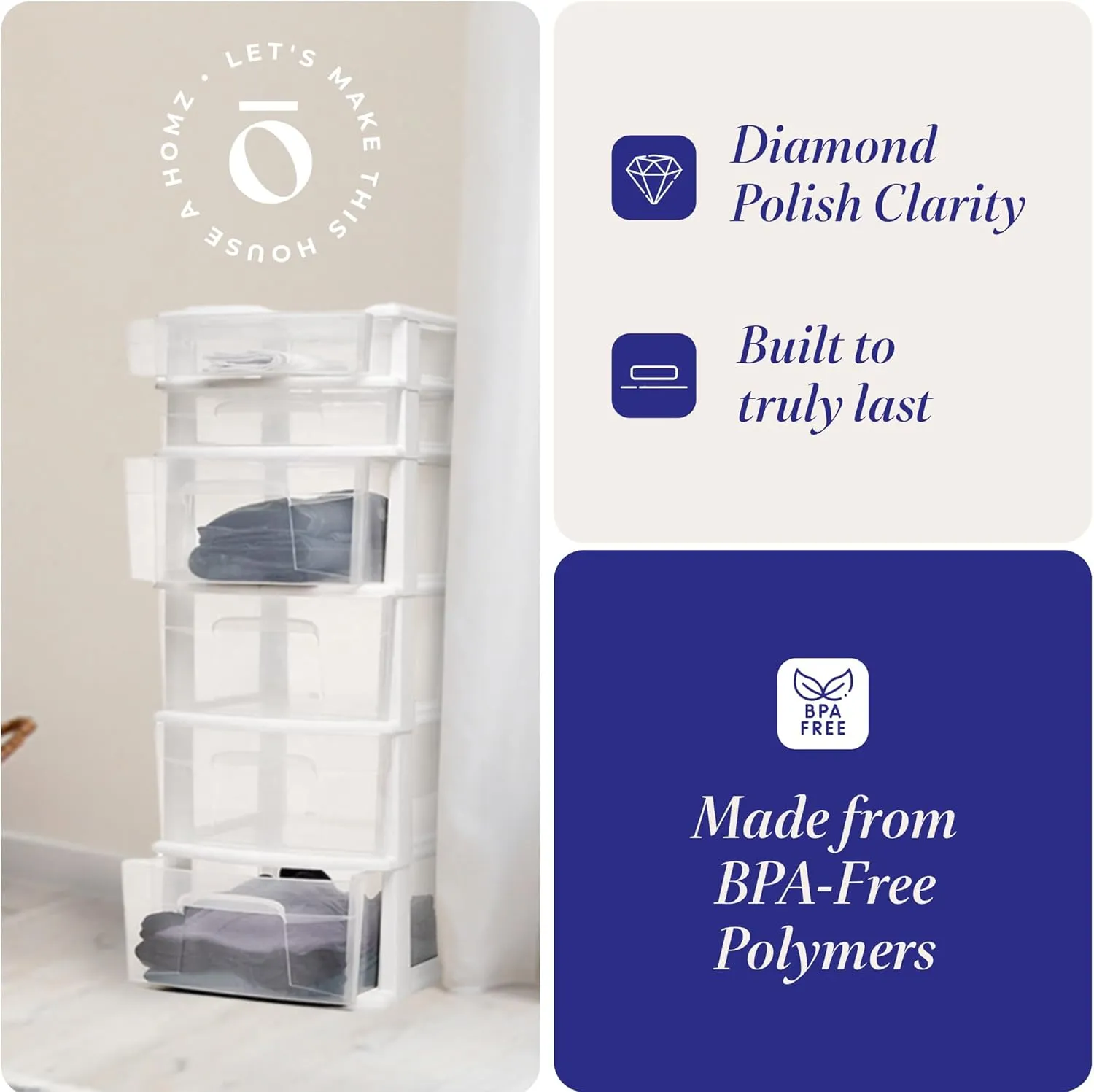 HOMZ Drawer Tower, 6-Tier Clear Plastic Storage Organizer Cart, White Frame - Heavy-Duty Organizing Drawers for Home, Bedroom, and Closet Organization