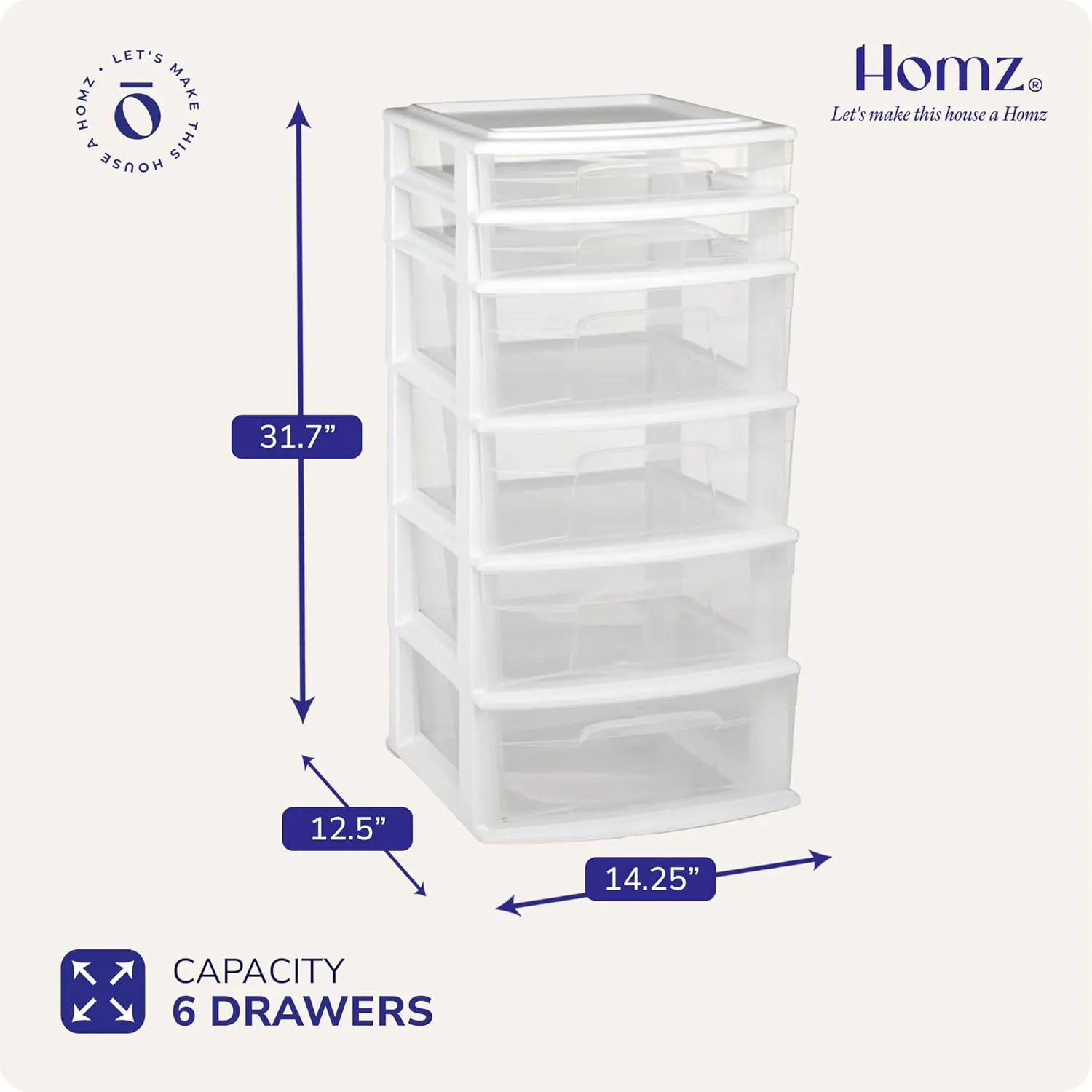 HOMZ Drawer Tower, 6-Tier Clear Plastic Storage Organizer Cart, White Frame - Heavy-Duty Organizing Drawers for Home, Bedroom, and Closet Organization