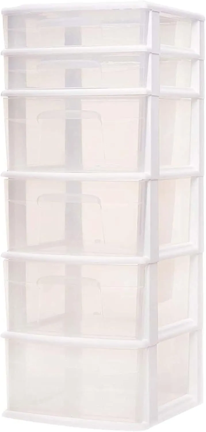 HOMZ Drawer Tower, 6-Tier Clear Plastic Storage Organizer Cart, White Frame - Heavy-Duty Organizing Drawers for Home, Bedroom, and Closet Organization