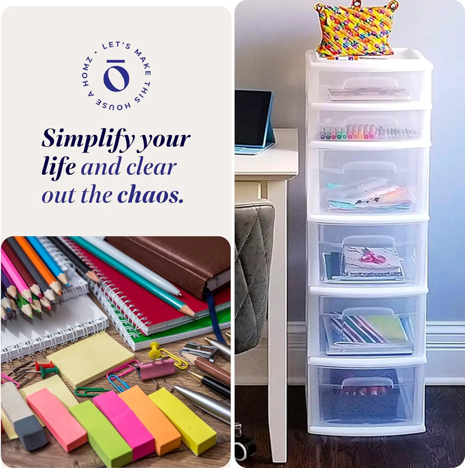 HOMZ Drawer Tower, 6-Tier Clear Plastic Storage Organizer Cart, White Frame - Heavy-Duty Organizing Drawers for Home, Bedroom, and Closet Organization