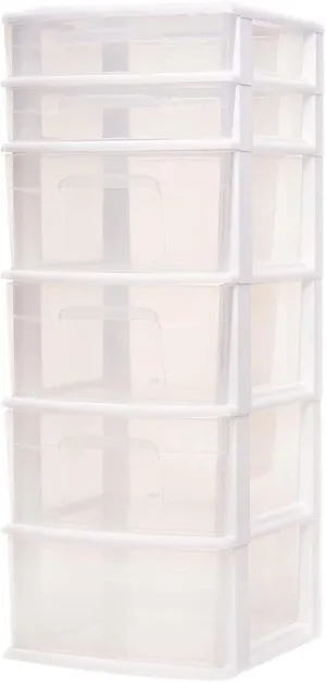 HOMZ Drawer Tower, 6-Tier Clear Plastic Storage Organizer Cart, White Frame - Heavy-Duty Organizing Drawers for Home, Bedroom, and Closet Organization