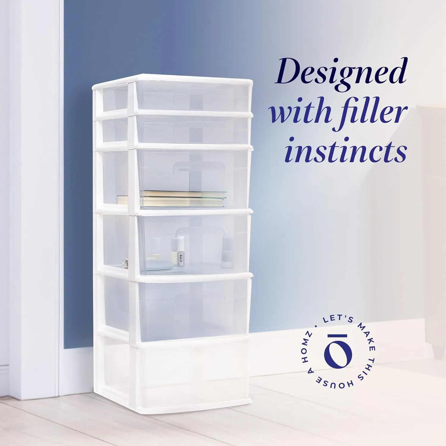 HOMZ Drawer Tower, 6-Tier Clear Plastic Storage Organizer Cart, White Frame - Heavy-Duty Organizing Drawers for Home, Bedroom, and Closet Organization
