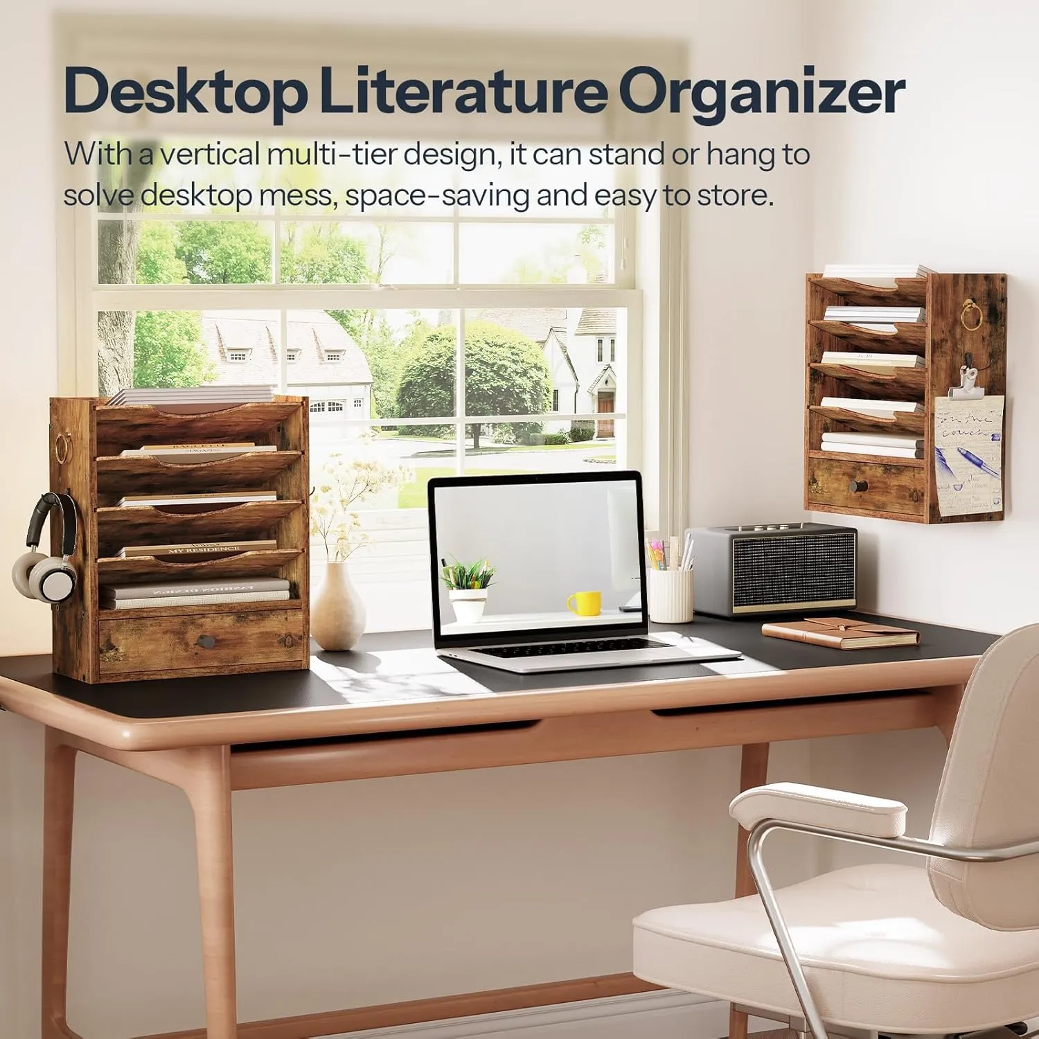 HOOBRO Wall File Organizer, Mail Organizer Wall Mounted, Wooden Literature Organizer, Construction Paper Organizer with Drawer Storage and 2 Hooks, for Office, Classroom, Home, Rustic Brown FG14WF01