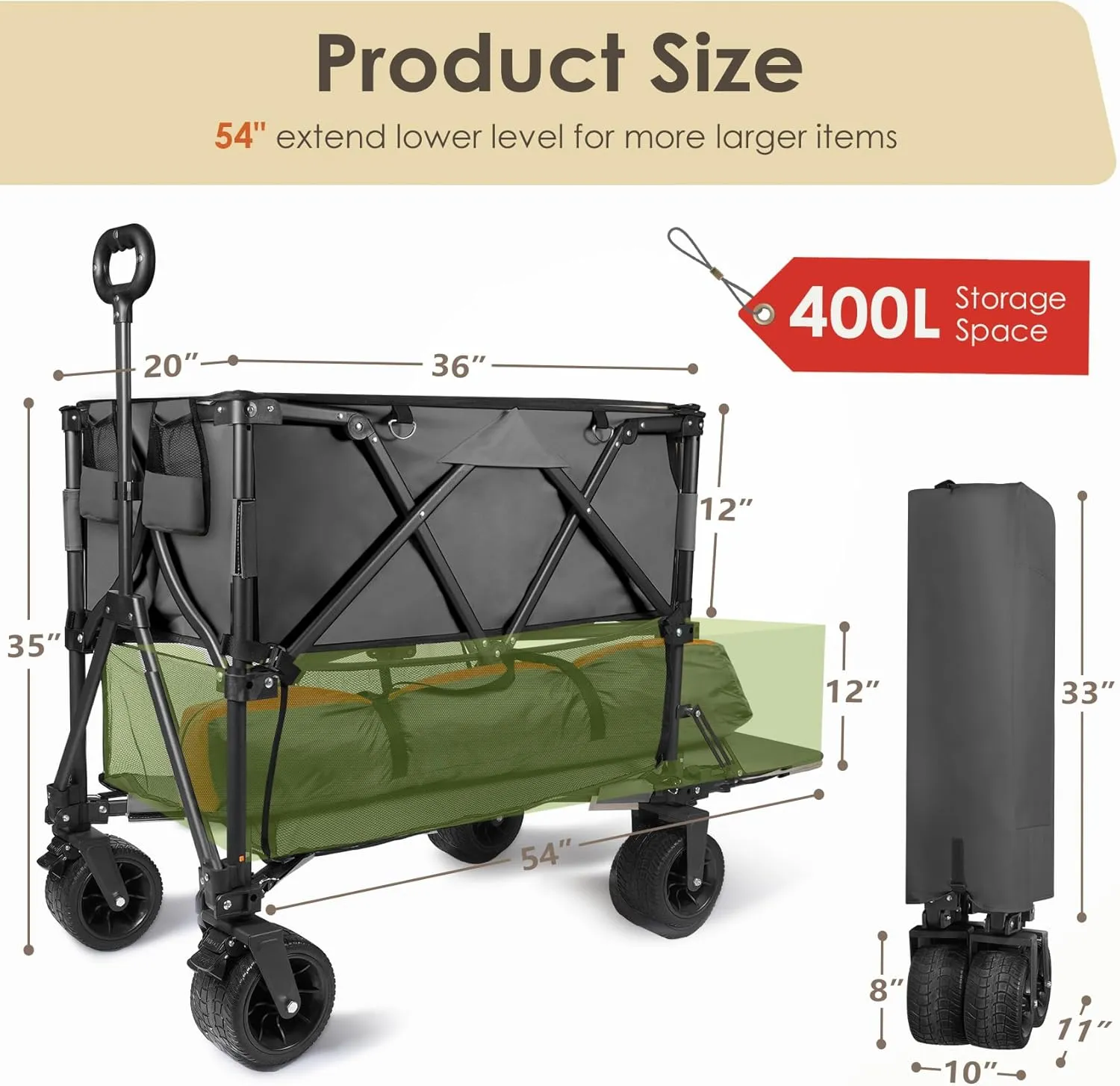 HOPERAN 400L Large Foldable Double Decker Wagon,360° Adjustable Handle 550LBS Heavy Duty Collapsible Cart with 54" Extra Extender,All Terrain Double-Locking Brack Wheels,Perfer for Beach|Camp|Outdoor