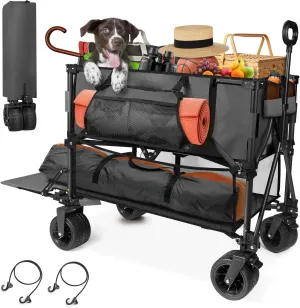 HOPERAN 400L Large Foldable Double Decker Wagon,360° Adjustable Handle 550LBS Heavy Duty Collapsible Cart with 54" Extra Extender,All Terrain Double-Locking Brack Wheels,Perfer for Beach|Camp|Outdoor