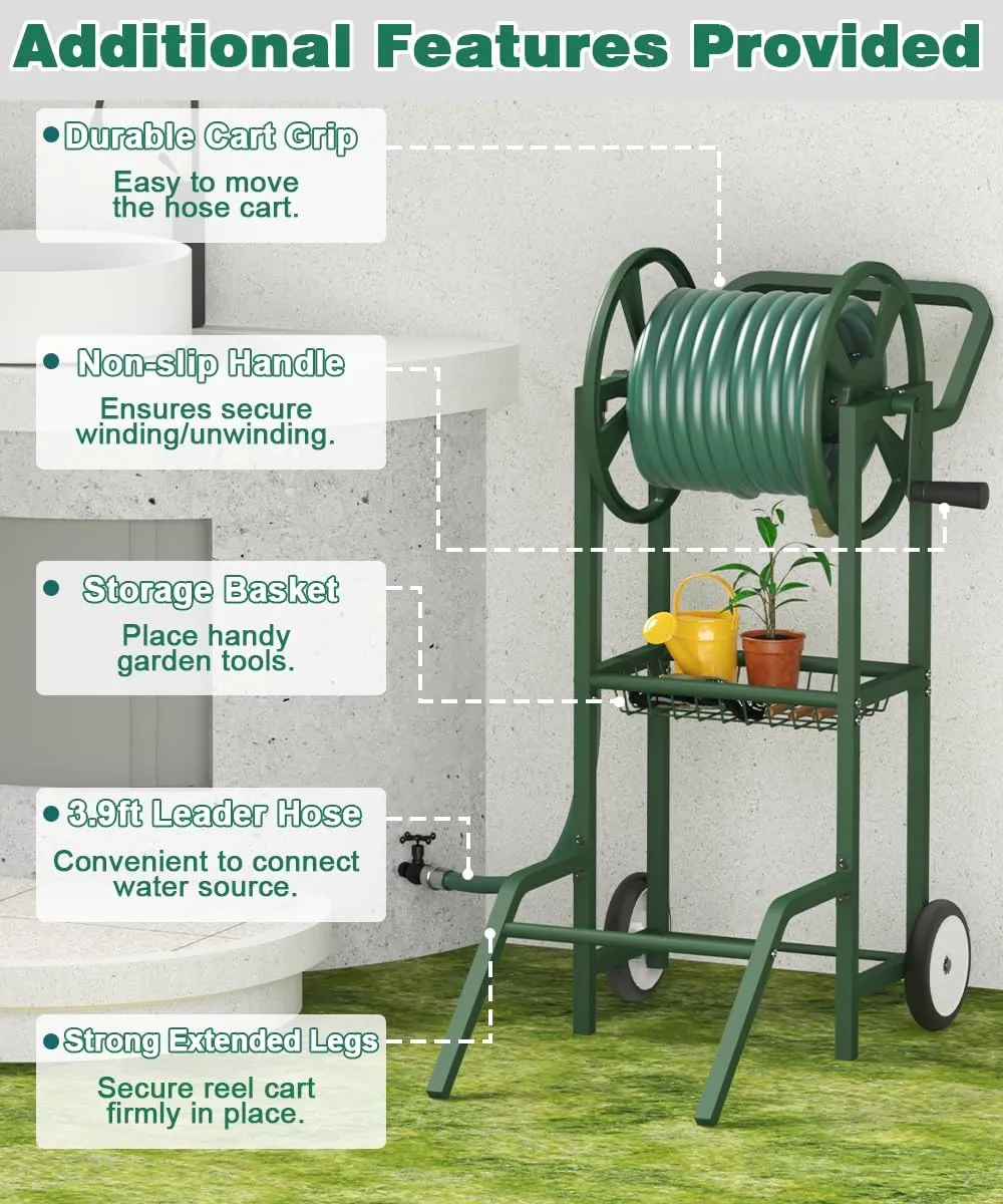 Hose Reel Cart with 2 Wheels, Garden Water Hose Holder Heavy Duty Powder Coated Steel Outdoor Winder Storage Holds 125 ft 5/8" Hoses with Basket and 3.9ft Leader Hose for Backyard, Green
