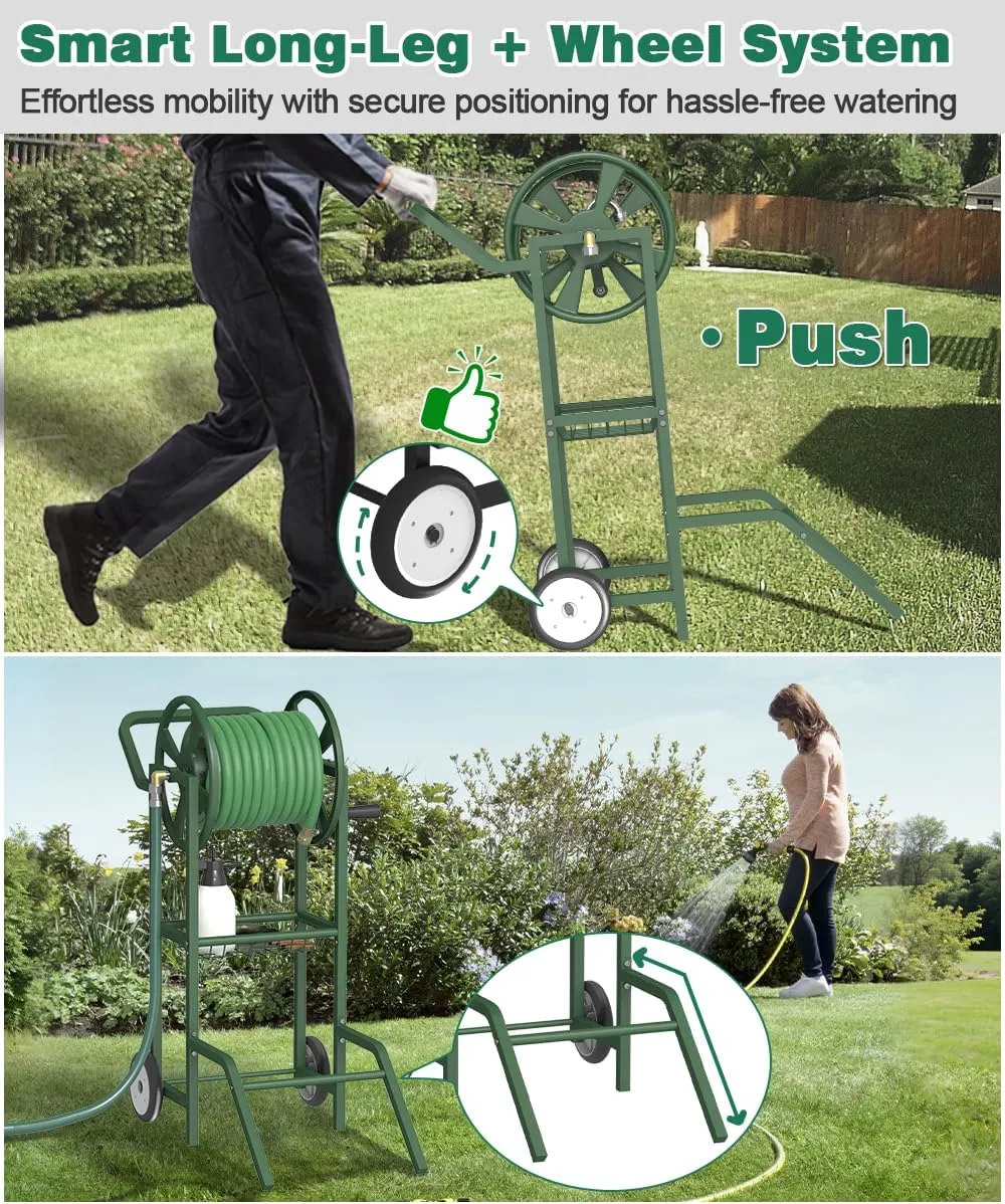 Hose Reel Cart with 2 Wheels, Garden Water Hose Holder Heavy Duty Powder Coated Steel Outdoor Winder Storage Holds 125 ft 5/8" Hoses with Basket and 3.9ft Leader Hose for Backyard, Green