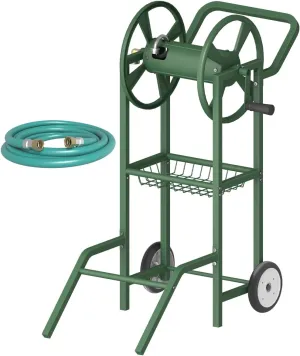 Hose Reel Cart with 2 Wheels, Garden Water Hose Holder Heavy Duty Powder Coated Steel Outdoor Winder Storage Holds 125 ft 5/8" Hoses with Basket and 3.9ft Leader Hose for Backyard, Green