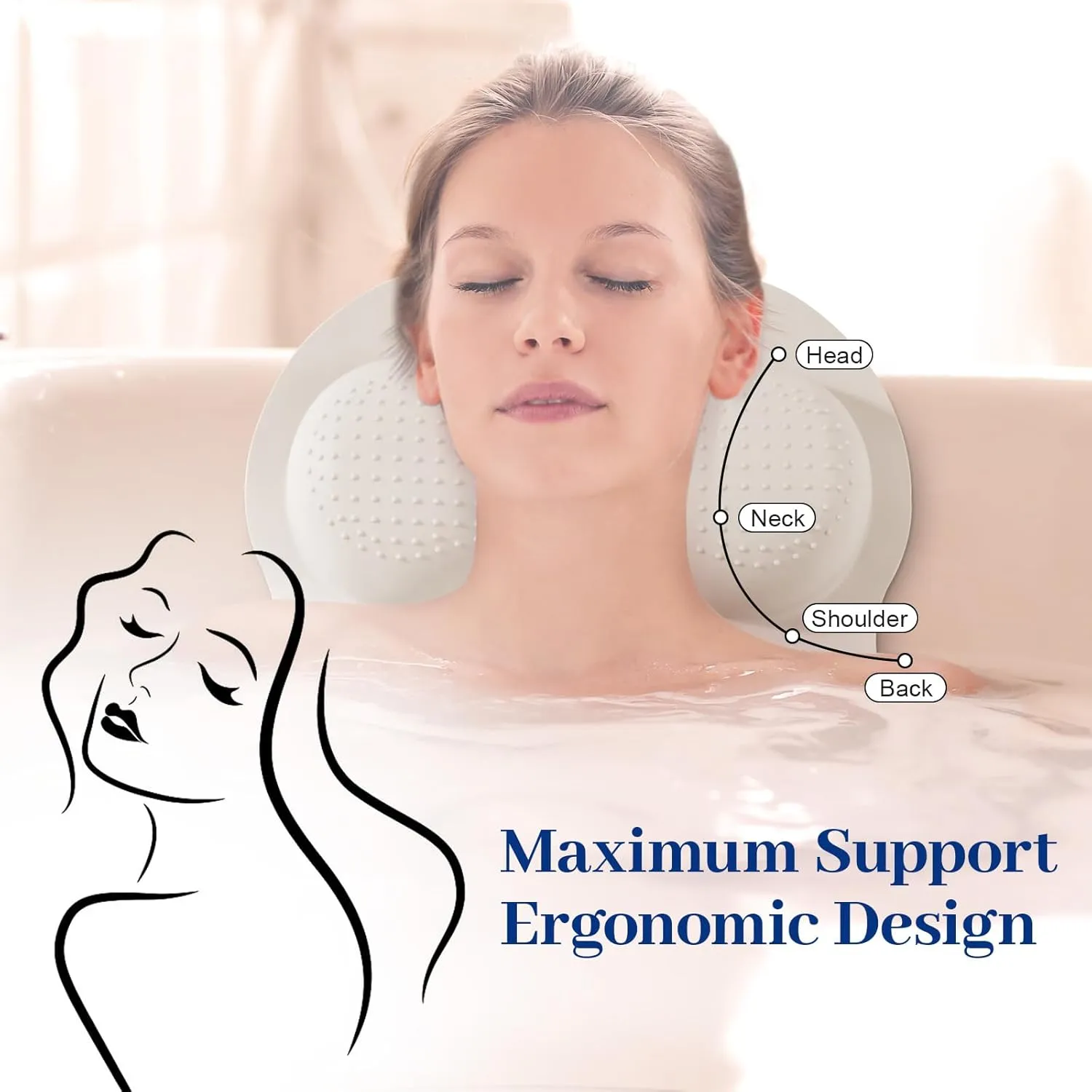 Hotec Bath Pillow for Tub – Luxury Silicone Bathtub Pillow with Ergonomic Neck & Back Support, 35 Non-Slip Suction Cups, Soft 4D Silicone, Quick Drying & Easy to Clean – Perfect Spa Gift, White