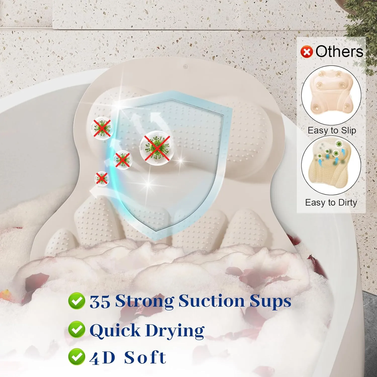 Hotec Bath Pillow for Tub – Luxury Silicone Bathtub Pillow with Ergonomic Neck & Back Support, 35 Non-Slip Suction Cups, Soft 4D Silicone, Quick Drying & Easy to Clean – Perfect Spa Gift, White