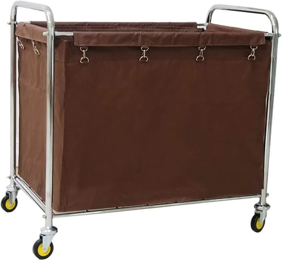 Hotel Laundry Sorter Cart on Wheels, Brown Linen Cart with Handle, Housekeeping Service Rolling Trolley with E-Bag for Efficient Laundry Sorting