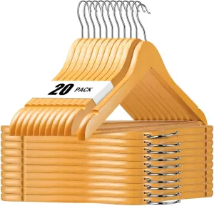 HOUSE DAY Wooden Hangers 20 Pack, Solid Wood Hanger with Non Slip Pant Bar, Heavy Duty Wooden Coat Hanger for Closet, Smooth Finish Wood Clothes Hangers for Shirts, Suits, Jackets, Dresses, Natural