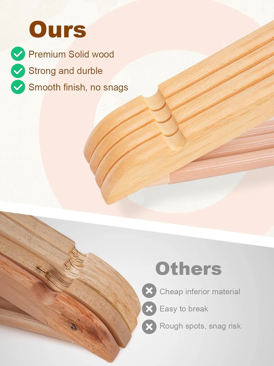 HOUSE DAY Wooden Hangers 20 Pack, Solid Wood Hanger with Non Slip Pant Bar, Heavy Duty Wooden Coat Hanger for Closet, Smooth Finish Wood Clothes Hangers for Shirts, Suits, Jackets, Dresses, Natural