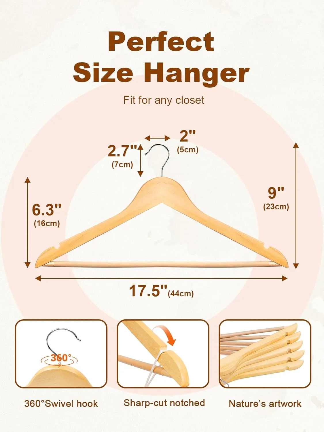 HOUSE DAY Wooden Hangers 20 Pack, Solid Wood Hanger with Non Slip Pant Bar, Heavy Duty Wooden Coat Hanger for Closet, Smooth Finish Wood Clothes Hangers for Shirts, Suits, Jackets, Dresses, Natural