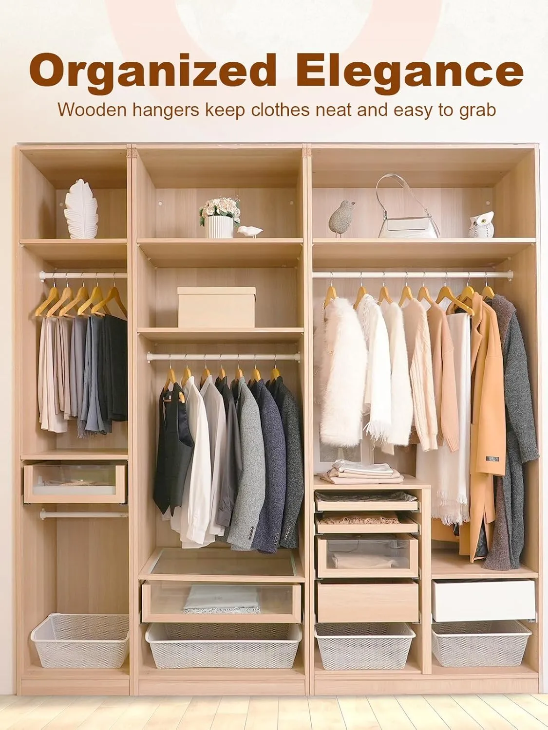 HOUSE DAY Wooden Hangers 20 Pack, Solid Wood Hanger with Non Slip Pant Bar, Heavy Duty Wooden Coat Hanger for Closet, Smooth Finish Wood Clothes Hangers for Shirts, Suits, Jackets, Dresses, Natural