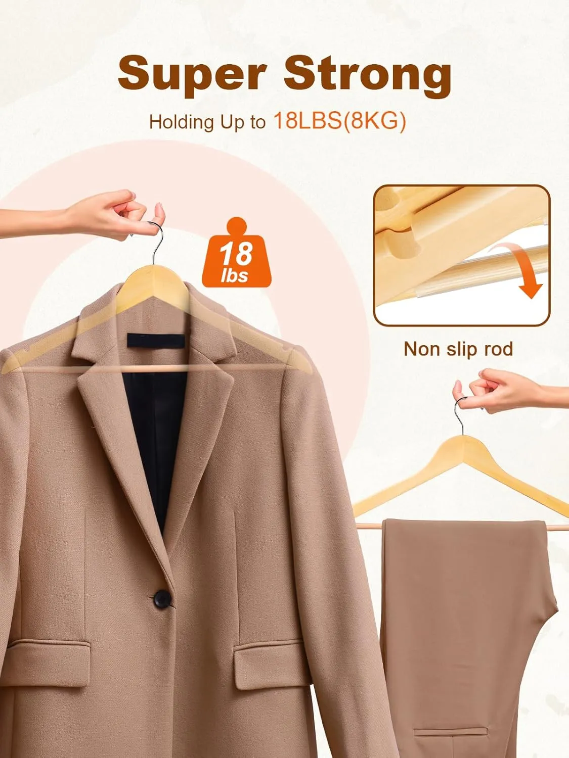 HOUSE DAY Wooden Hangers 20 Pack, Solid Wood Hanger with Non Slip Pant Bar, Heavy Duty Wooden Coat Hanger for Closet, Smooth Finish Wood Clothes Hangers for Shirts, Suits, Jackets, Dresses, Natural