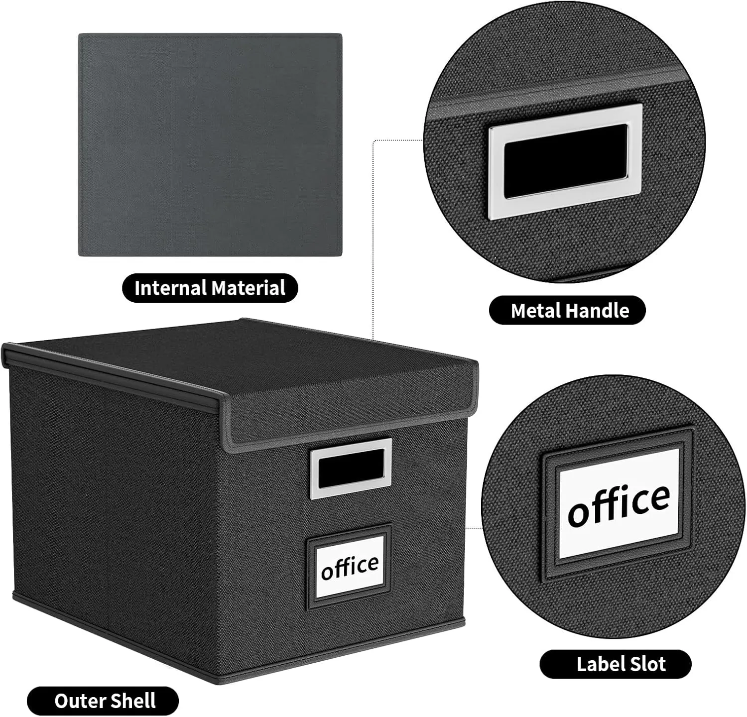 Huolewa New Portable File Organizer Boxes Set of 4, Collapsible Linen Hanging Filing Storage Boxes with Plastic Slide, Decorative Home/Office Filing System for File and Folders Storage (Black)