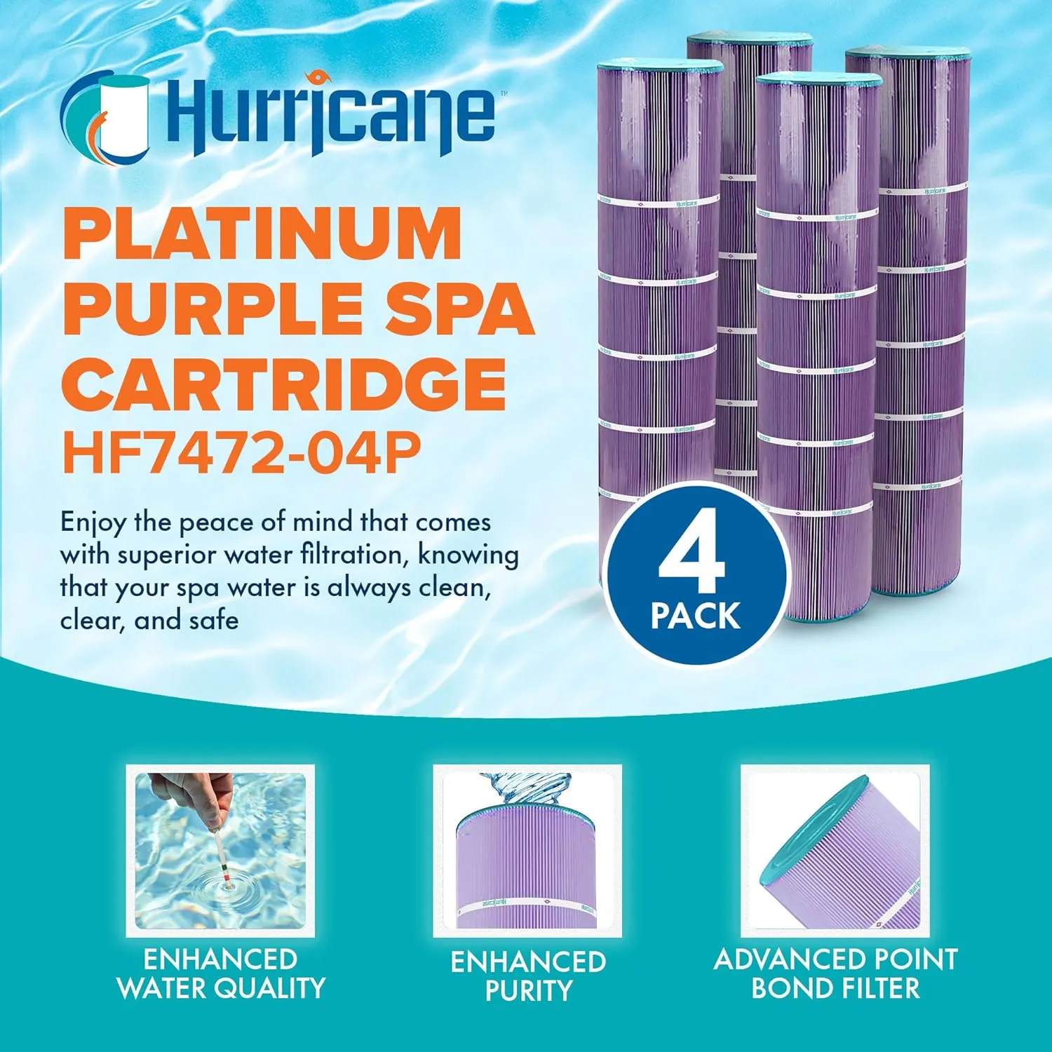 Hurricane Filters 4 Pack HF7472-04P Platinum Purple Pool Filter Cartridge - Replacement for Pleatco PCC130, Unicel C-7472, Filbur FC-1978 Pentair Clean & Clear Plus 520, Waterway Crystal Water 525