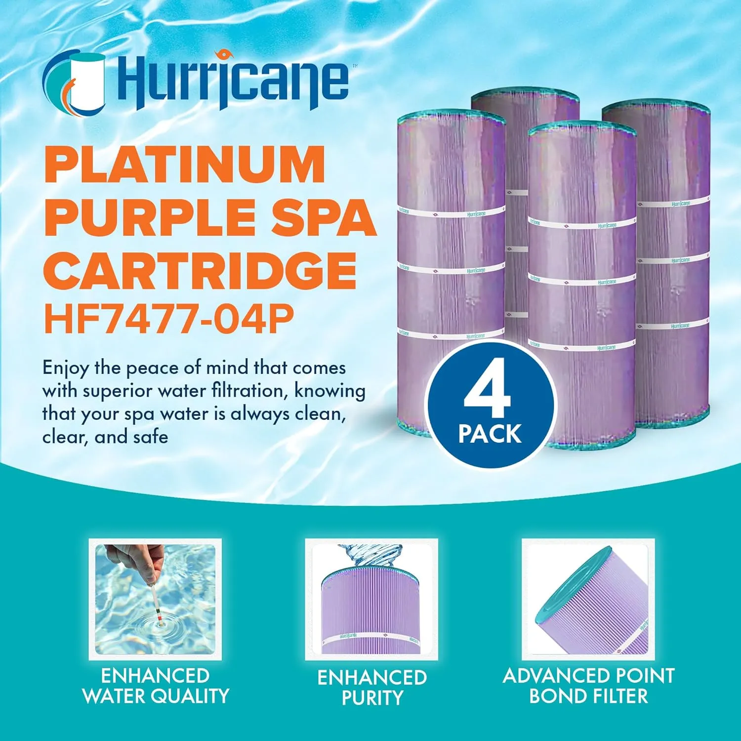 Hurricane Filters 4 Pack HF7477-04P Platinum Purple Pool Filter Cartridge - Replacement for Pleatco PA75SV, Unicel C-7477, Filbur FC-1260, Hayward C-570, SwimClear C3020, Super Star Clear 3000