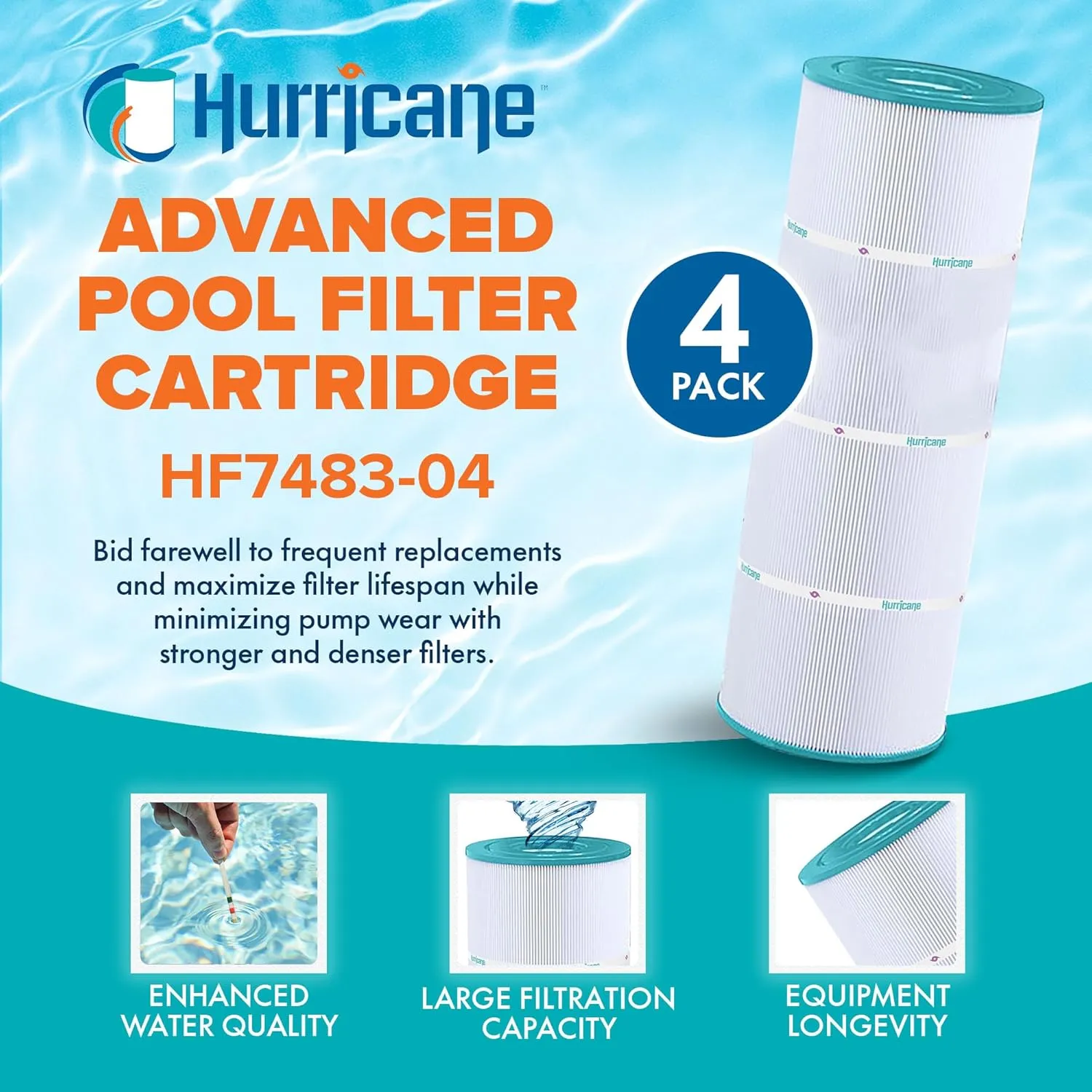 Hurricane Filters 4 Pack HF7483-04 Advanced Pool Filter Cartridge for PA81-4-M, Unicel C-7483, Filbur FC-1225, SwimClear C3030, 3025, 3020, Super-Star-Clear C3000, C3000S, C-570