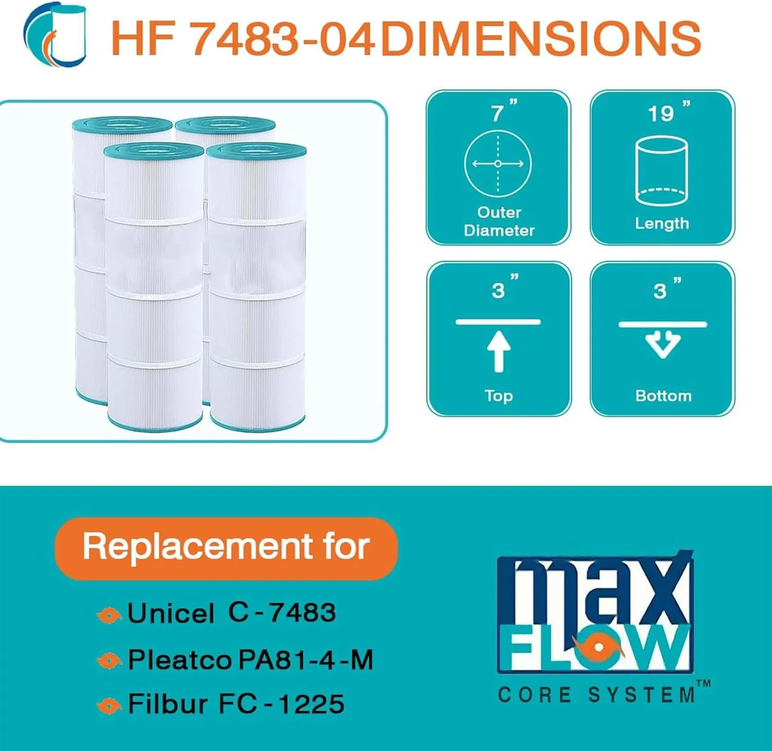 Hurricane Filters 4 Pack HF7483-04 Advanced Pool Filter Cartridge for PA81-4-M, Unicel C-7483, Filbur FC-1225, SwimClear C3030, 3025, 3020, Super-Star-Clear C3000, C3000S, C-570