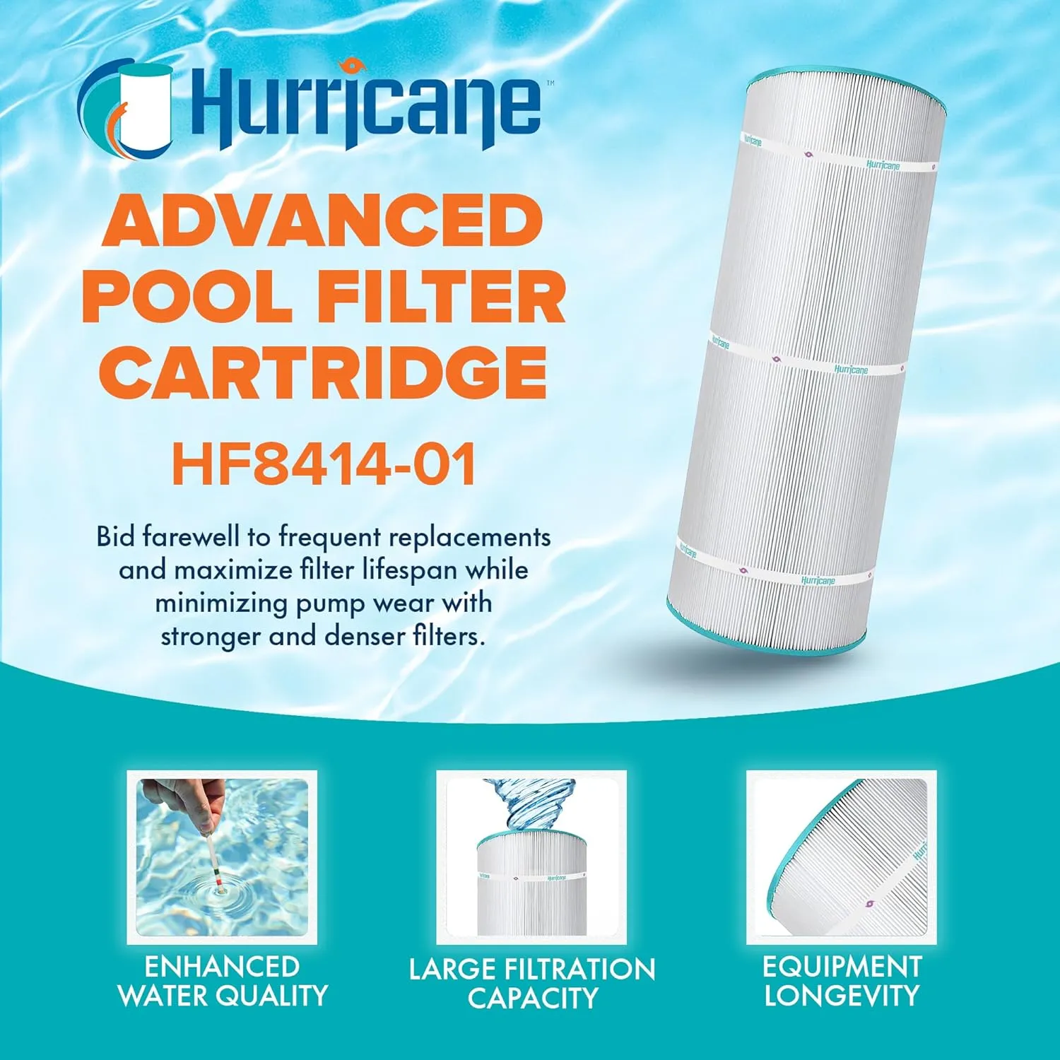 Hurricane Filters HF8414-01 Advanced Pool Filter Cartridge - Replacement for PWWCT150, Unicel C-8414, Filbur FC-1287, Waterway Clearwater II 150, Pro-Clean 150, Hayward X-Stream CC1500