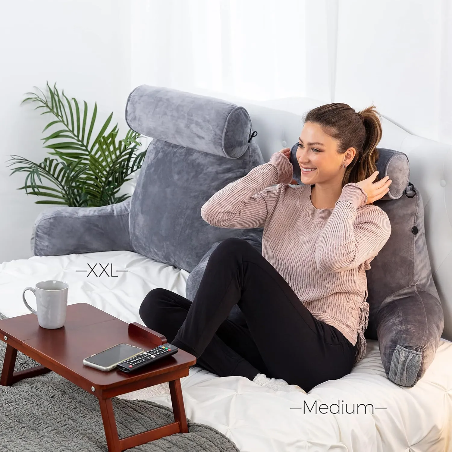 Husband Pillow XXL - Reading Pillow Bed Chair with Arms & Back Support - Dark Grey - Back Pillow for Sitting Up - Bed Rest Arm Pillow - Comfy Reading Pillow for Adults