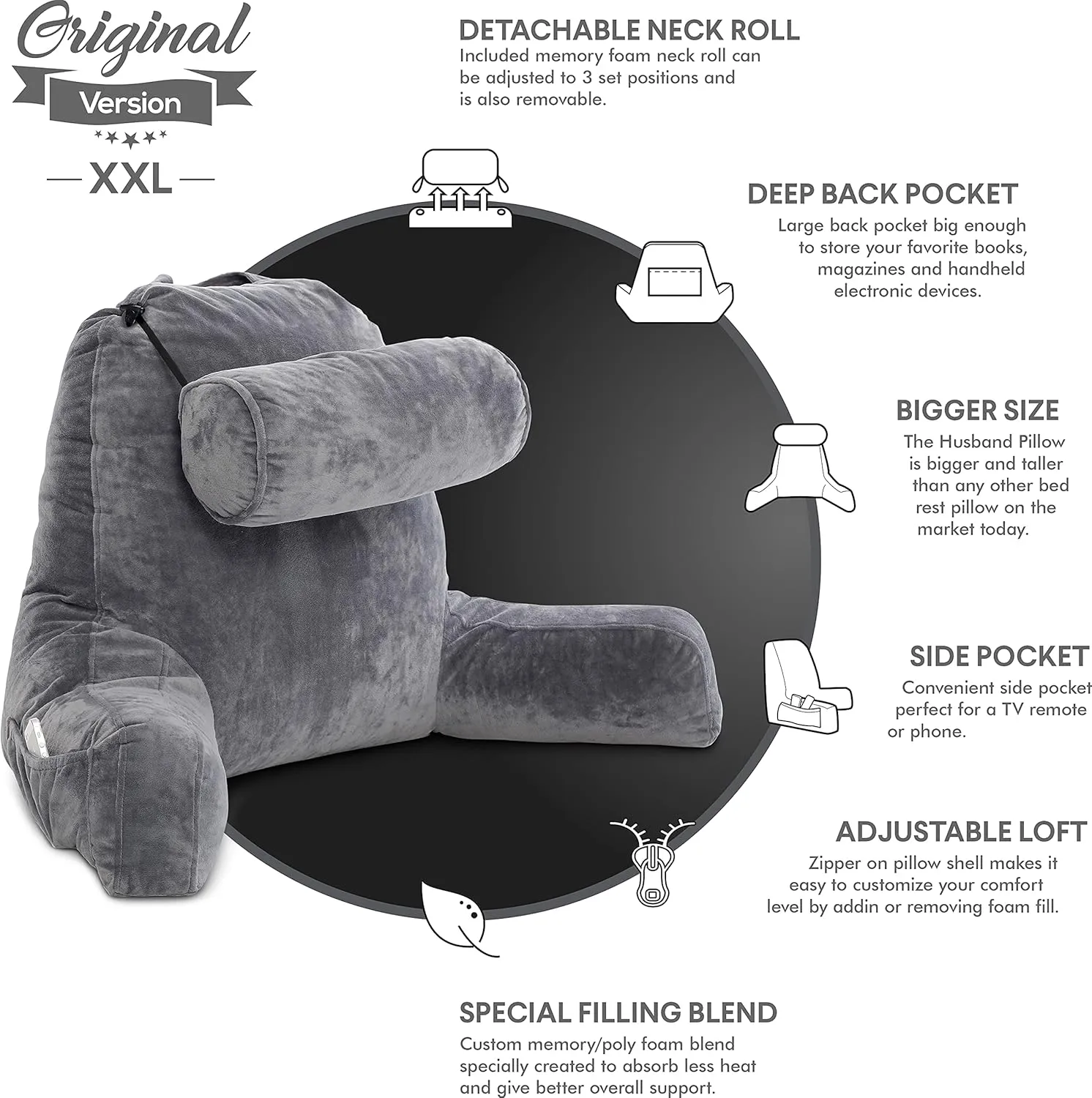 Husband Pillow XXL - Reading Pillow Bed Chair with Arms & Back Support - Dark Grey - Back Pillow for Sitting Up - Bed Rest Arm Pillow - Comfy Reading Pillow for Adults