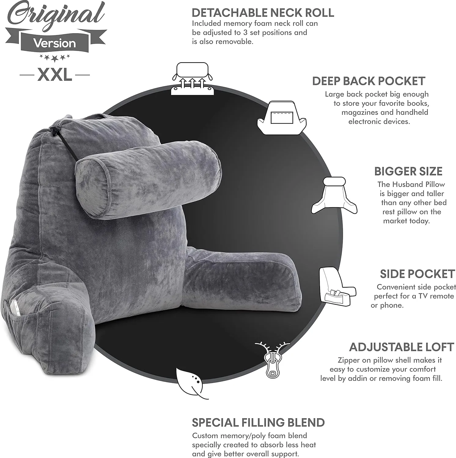 Husband Pillow XXL - Reading Pillow Bed Chair with Arms & Back Support - Dark Grey - Back Pillow for Sitting Up - Bed Rest Arm Pillow - Comfy Reading Pillow for Adults