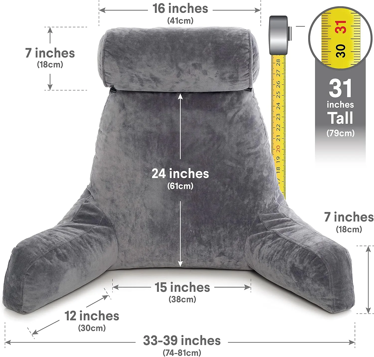 Husband Pillow XXL - Reading Pillow Bed Chair with Arms & Back Support - Dark Grey - Back Pillow for Sitting Up - Bed Rest Arm Pillow - Comfy Reading Pillow for Adults