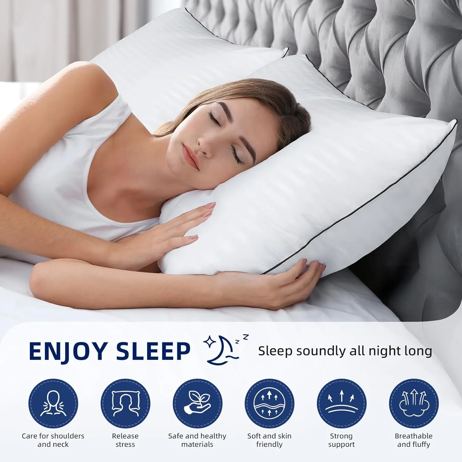 HYLEORY Bed Pillows Queen Size Set of 2 for Sleeping - Luxury Hotel Pillows, Soft & Supportive Down Alternative Microfiber Cooling Pillow for Night Sweats Back/Stomach/Side Sleepers, White