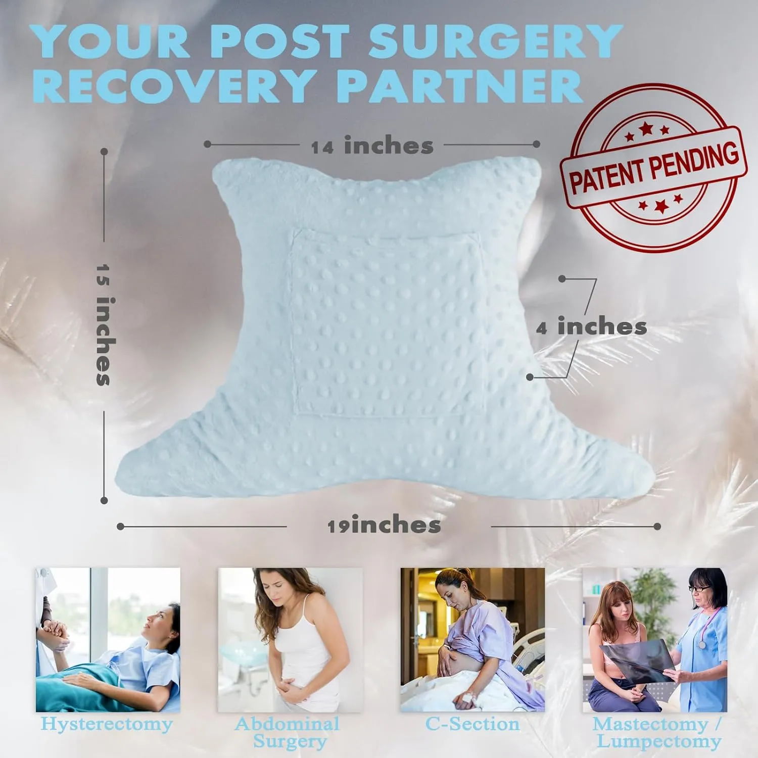 Hysterectomy Pillow with Pocket, Hysterectomy Recovery Abdominal Pillow, Post Surgery Pillow for Abdomen, C-Section Recovery Pillow, Mastectomy, Tummy Tuck, Hernia, Abdominal Surgery Must Haves