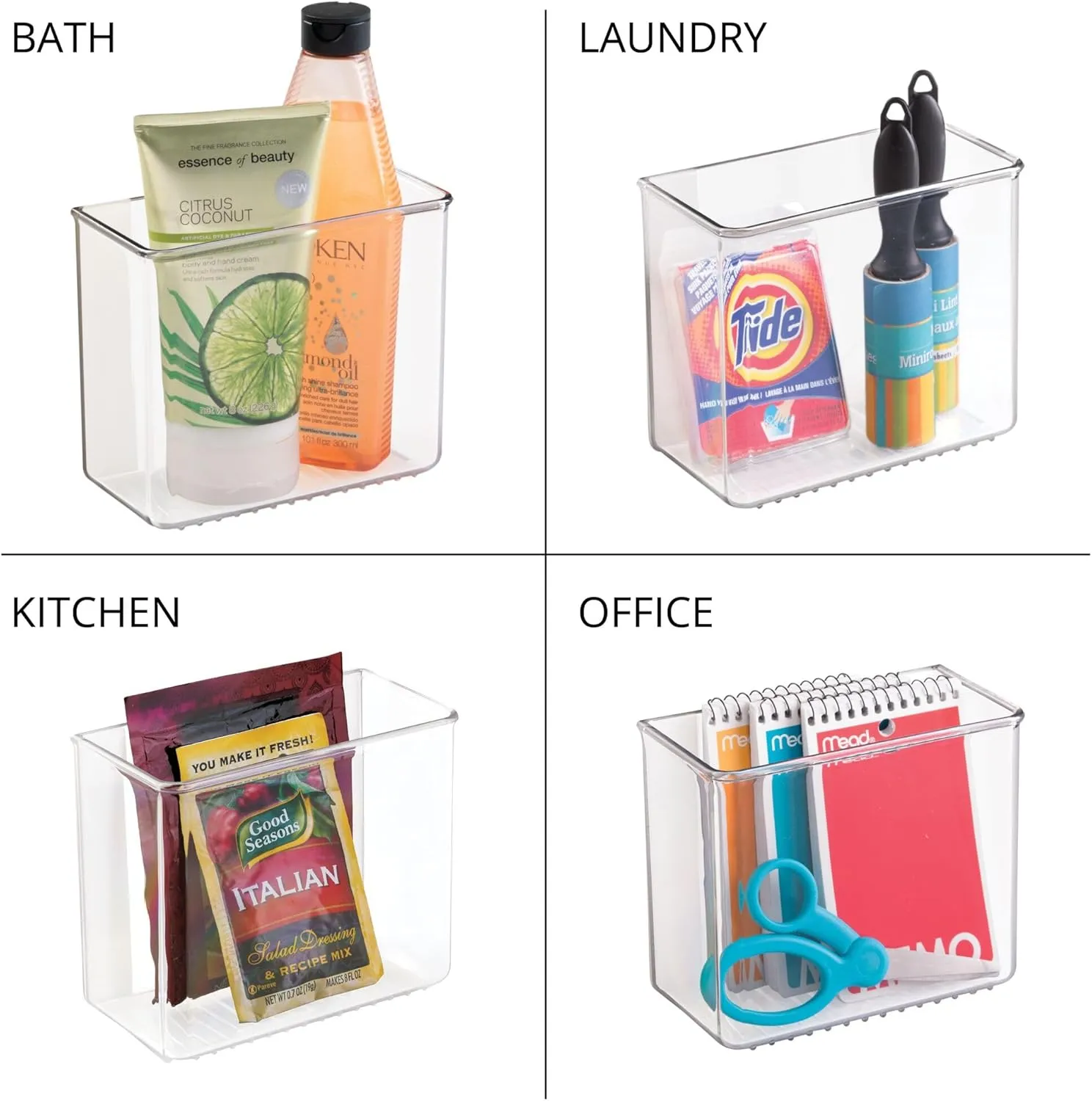 iDesign Adhesive Organizer Bin - Damage-Free Hanging for Kitchen, Bathroom, or Office - Set of 4 - Clear