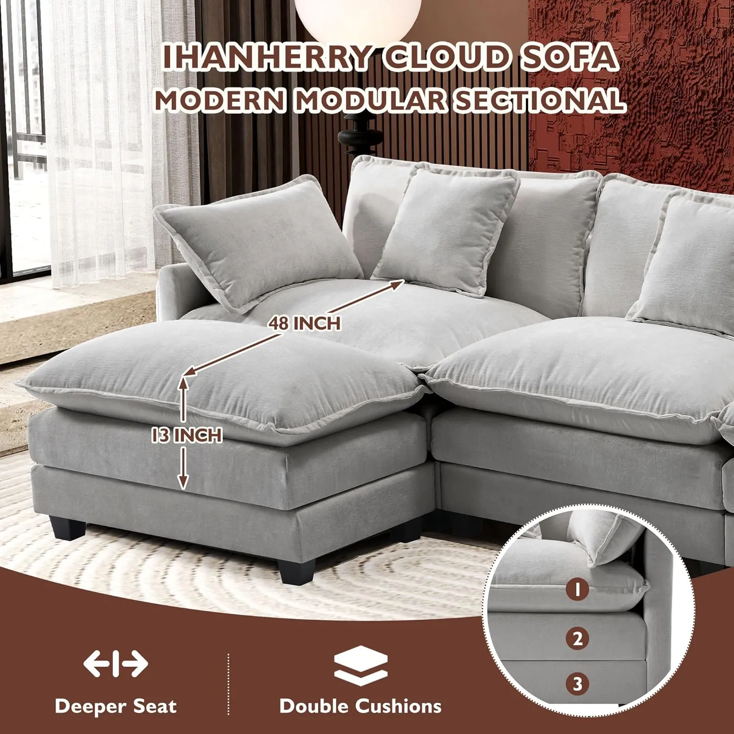 Ihanherry 111.4" L Shaped Modern Sofa Modular Sectional Cloud Couch with Ottoman, 4-Seat Chenille Deep Seat Sofa with Pillow for Living Room, Bedroom and Apartment, Grey