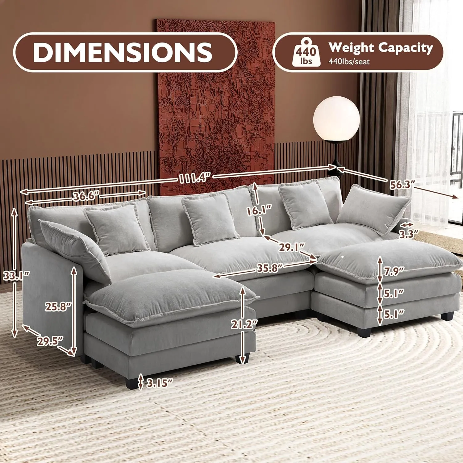 Ihanherry 111.4" U Shaped Modern Cloud Sofa Modular Sectional Couch with 2 Ottoman, 5-Seat Chenille Deep Seat Sofa with Pillow for Living Room, Bedroom and Apartment, Grey