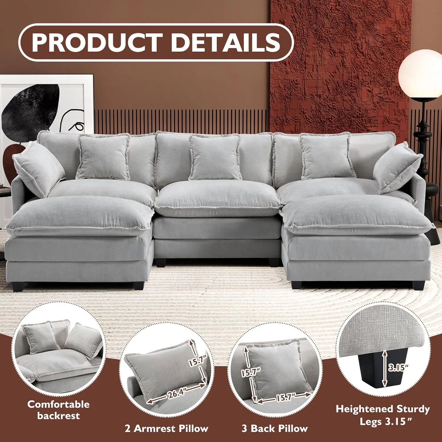 Ihanherry 111.4" U Shaped Modern Cloud Sofa Modular Sectional Couch with 2 Ottoman, 5-Seat Chenille Deep Seat Sofa with Pillow for Living Room, Bedroom and Apartment, Grey